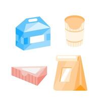 Set of different cardboard packaging for food delivery including a box for noodles, a box for cake and a paper bag. vector