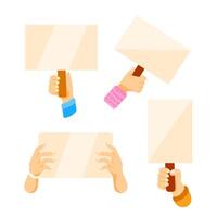 Hands holding blank banners with wooden handles, isolated on white background vector