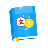 Blue dictionary translating chinese mandarin characters to english alphabet, learning new language concept vector