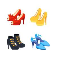 Four pairs of womens shoes with high heels, different colors and models, perfect for illustrating fashion concepts. vector