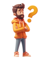 3D illustration confused man thinking in a thoughtful pose with question mark isolated on transparent background. png