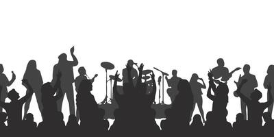 silhouette of a crowd of people watching a music concert in front of the stage with cheering and waving hands, suitable for poster, banner or advertising elements for concerts and parties vector