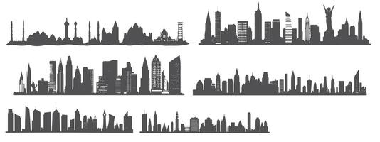 collection of city icons silhouettes of iconic buildings in black and white minimalist design. Each icon depicts city elements such as skyscrapers, bridges, and towers with sharp, detailed line vector