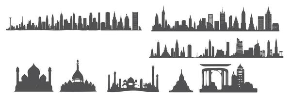 collection of city icons silhouettes of iconic buildings in black and white minimalist design. Each icon depicts city elements such as skyscrapers, bridges, and towers with sharp, detailed line vector