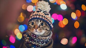 Adorable Tabby Cat Dressed in a Cozy Winter Hat and Scarf photo