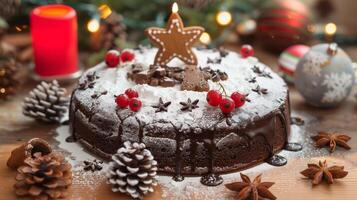 Festive Chocolate Cake Adorned with Christmas Decorations photo