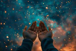 Muslim Hands Raised in Prayer Under a Starlit Sky photo