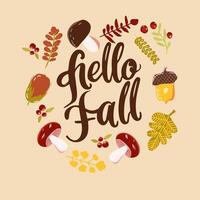 Hello Fall lettering, autumn decorative card. vector