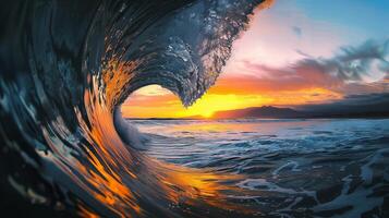 Mesmerizing Sunset Silhouette Inside a Breaking Ocean Wave photo
