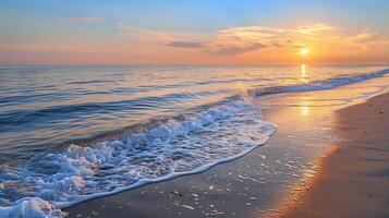 Sunset Serenade Gentle Waves sea Kiss the Shoreline at Dusk photo