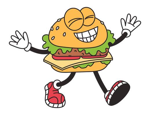 Retro groovy burger character. Funny vintage mascot element food. Junk food. Cartoon illustration