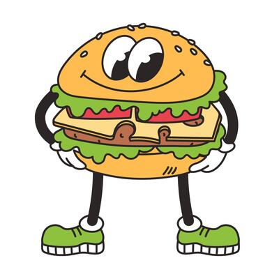 Retro groovy character happy burger. Funny vintage mascot element food. Junk food. Cartoon illustration