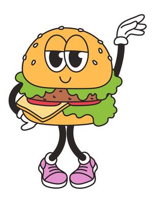 Retro groovy burger character. Funny vintage mascot element. Junk food. Cartoon illustration