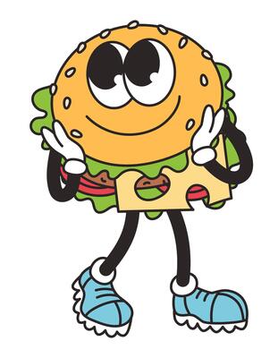 Retro groovy character cute burger. Funny vintage mascot element food. Junk food. Cartoon illustration
