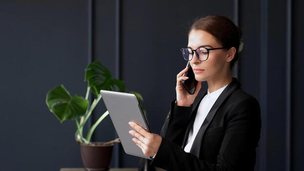 Middle-aged Business woman working in office with documents and laptop people. Consulting and business planning. Creative startup, digital tech for research, website and discussion. photo