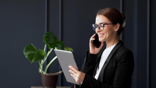 Middle-aged Business woman working in office with documents and laptop people. Consulting and business planning. Creative startup, digital tech for research, website and discussion. photo