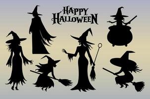 Witch silhouettes set. Silhouette of a witch, black witch. Witchcraft. Witch on a broom. Halloween concept vector