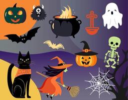 Halloween set witch, pumpkins, ghosts, skeleton. Set of characters and elements for halloween in cartoon style. vector