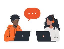 Two people work together and discuss their tasks in front of their computers. Communication. Flat style illustration vector