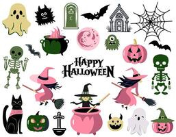 Pink halloween set. Elements and characters for halloween in pink color. Wtch, pumpkins, ghosts, monster, skeleton. vector