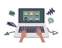 Hands in work at laptop keyboard. Laptop screen with faces of chat participants. Speech bubble. Flat illustration vector
