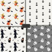 Set of seamless halloween patterns with witch, graves, ghost, cat. Halloween backgrounds vector
