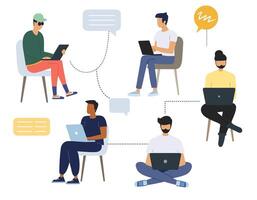 Group of men work and discuss their tasks in front of their computers. Flat style illustration. Business people. vector