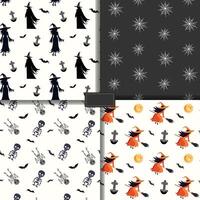 Set of seamless halloween patterns with witch, skeletons, ghost, spiderweb. Halloween backgrounds vector