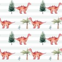 Seamless pattern with cute watercolor dinosaurs and trees. Watercolor nursery backgrounds vector