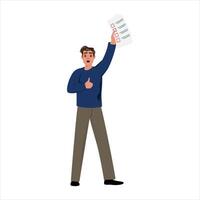 Excited man cheering with a voting document in one hand and a thumbs up gesture in the other vector