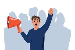 Protester with a megaphone and raised fist, standing in front of a crowd silhouette and shouting out loud vector