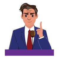 Election candidate in a suit, speaking confidently with a raised finger at a microphone stand vector