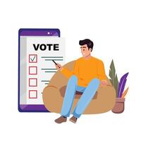 Illustration of a man using his phone for voting, with a big cellphone showing a ballot and a plant beside the armchair vector