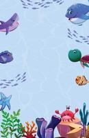 Marine life illustration featuring fish, a turtle, a whale, and coral, with copy space on a blue water backdrop. Template for under ocean theme vector
