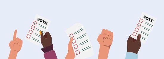 Banner with diverse hands holding voting papers, various gestures and blank space for custom design vector
