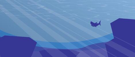 Horizontal copy space banner featuring underwater scenery with stones and shark on the background vector