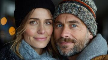 Close up portrait of a loving couple in winter clothes looking at camera photo