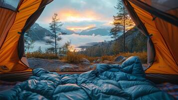 View from inside the tent on the River with clear skies and few clouds photo