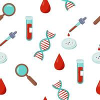 Pattern blood test, dna study, laboratory tests. Seamless background contains a drop of blood, petri dishes, test tubes, the structure of a dna molecule. vector