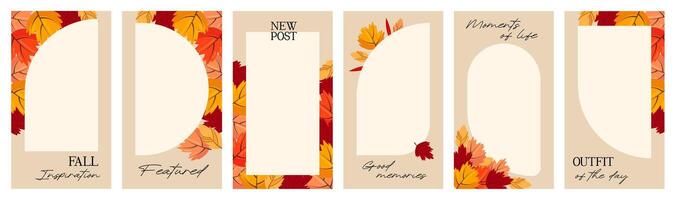 Autumn aesthetics social media story templates for influencer blog. Place for a photo. Set of frames with bright autumn leaves vector