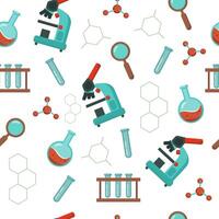 Seamless pattern laboratory, scientific research. Microscope, magnifying glass, molecule, test tube. Background. vector