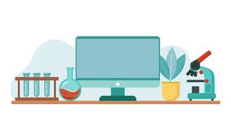 Laboratory equipment - computer, beakers, microscope, flasks. Colorful cartoon style illustration on white background. vector