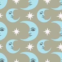 Seamless pattern with moon and stars. Vintage background in boho style. vector