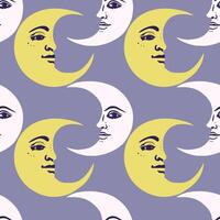 Crescent moons yellow and white with retro style face on grey-blue background. seamless pattern. vector