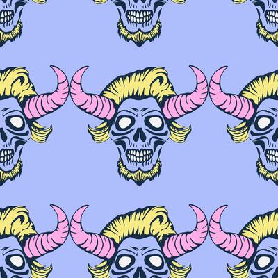 Seamless pattern with skull head with horns. Bright punk rock background.