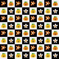 lantern pumpkin with flowers seamless pattern on black and white checkers table background for Halloween vector