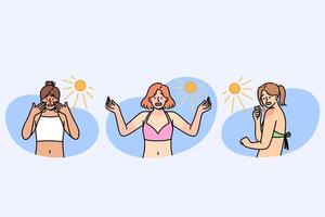 Sunburns on bodies of shocked women relaxing on beach and not using sunscreen and uv rays vector