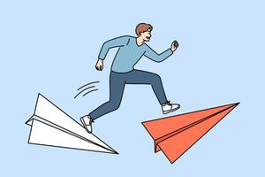 Man leader overcomes dangerous moments in business, runs on large paper airplanes to meet deadline vector