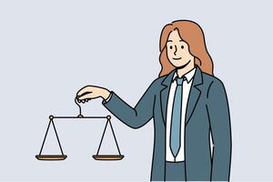 Female lawyer holds scale in hand, listening to arguments of parties for fair and legal decision vector