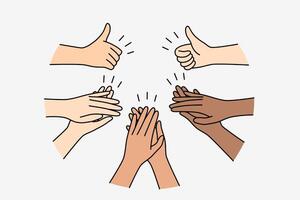 Hands of people applaud and showing thumbs up as sign of respect and support for speaker vector